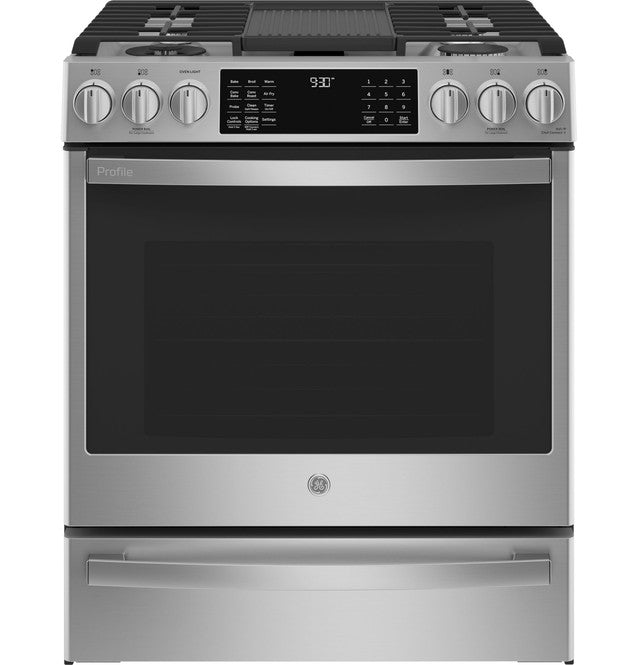 GE Profile P2S930YPFS  30" Smart Dual Fuel Slide-In Front-Control Fingerprint Resistant Range